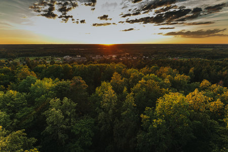 Aerial view of the sunset over the forest. Drone photography.の写真素材