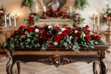 A casket decorated with many flowers and surrounded by American flag candles in a beautiful bright roomの素材