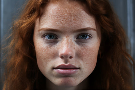 Close-up portrait of woman with striking features and bright blue eyes in studio lightingの素材