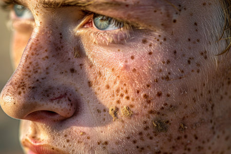 close up image of a young casual man with visible skin problems highlighting blemishes and texture. The photo focuses on the challenges of problematic skin, emphasizing the importance of skinの素材