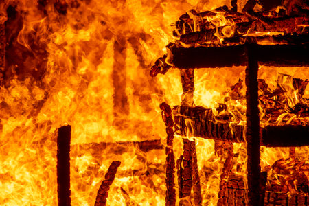 Burning firewood in the grill, closeup of photo.の写真素材