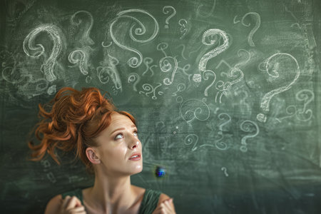 Young red head woman expressing doubt on her face, with question symbols around her head. Image for advertising, web or commercial.の素材