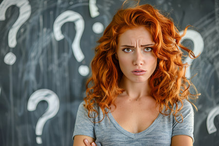 A young red headed woman with a doubtful expression on her face, with question marks around her head. Portrait Image for advertising, web or commercial use.の素材
