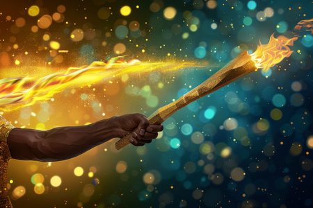 Black sportsmans hand holds a cup with a torch on a blurred colorful background. Torch with fire.の素材