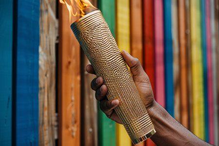 Athletes hand holds a cup with a torch on a blurred colorful background. Torch with fire.の素材