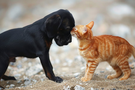 Heartwarming interaction  puppy and kitten play happily, dog and cat enjoying playtime togetherの素材