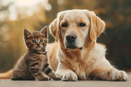 Adorable puppy and kitten playfully interacting in heartwarming scene of innocent friendshipの素材