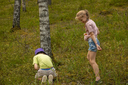 Two little girls playing in the woods in summer. Two sisters playing in nature.の写真素材