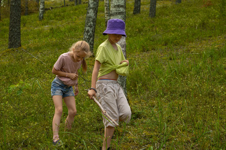 Two little girls playing with a stick in the forest on a summer dayの写真素材