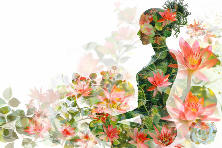 Double exposure yoga Overlay yoga woman relaxed sitting in lotus position images with nature scenes creating a unique and symbolic visualの素材