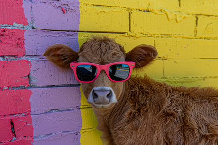 Close up of a playful calf in stylish sunglasses against a vibrant, colorful background, capturing a whimsical, fun vibe.の素材