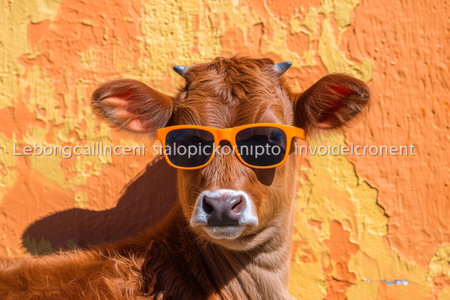 Close up of a playful calf in stylish sunglasses against a vibrant, colorful background, capturing a whimsical, fun vibe.の素材