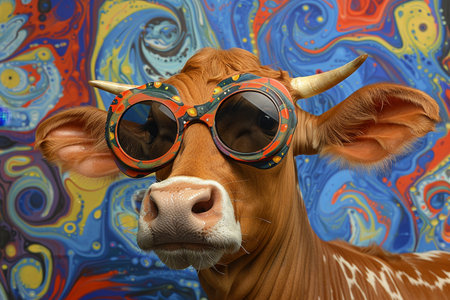 Close up of a playful calf in stylish sunglasses against a vibrant, colorful background, capturing a whimsical, fun vibe.の素材