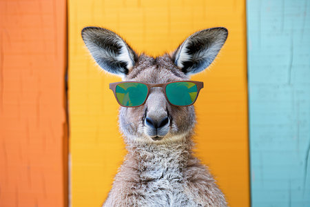 A playful representation of a Kangaroo with stylish sunglasses on a vibrant, colorful background, capturing a whimsical, fun vibe.の素材