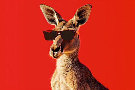 A playful representation of a Kangaroo with stylish sunglasses on a vibrant, colorful background, capturing a whimsical, fun vibe.の素材