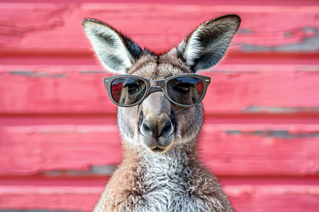 A playful representation of a Kangaroo with stylish sunglasses on a vibrant, colorful background, capturing a whimsical, fun vibe.の素材