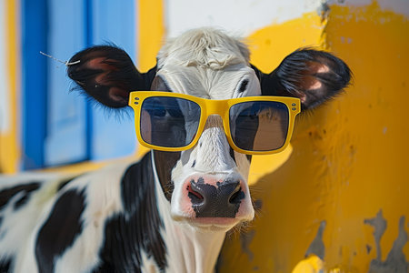 Close up of a playful calf in stylish sunglasses against a vibrant, colorful background, capturing a whimsical, fun vibe.の素材