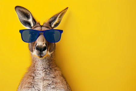A playful representation of a Kangaroo with stylish sunglasses on a vibrant, colorful background, capturing a whimsical, fun vibe.の素材