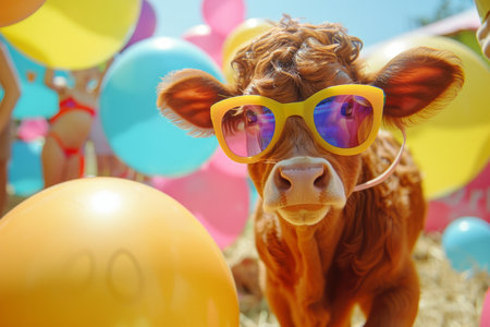 Close up of a playful calf in stylish sunglasses against a vibrant, colorful background, capturing a whimsical, fun vibe.の素材