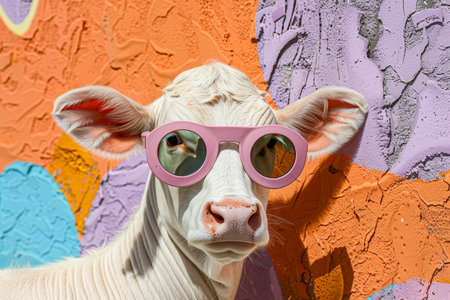 Close up of a playful calf in stylish sunglasses against a vibrant, colorful background, capturing a whimsical, fun vibe.の素材