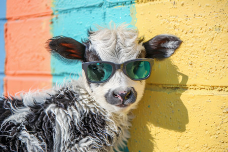 Close up of a playful calf in stylish sunglasses against a vibrant, colorful background, capturing a whimsical, fun vibe.の素材