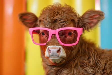 Close up of a playful calf in stylish sunglasses against a vibrant, colorful background, capturing a whimsical, fun vibe.の素材