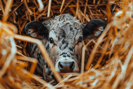 Close up of a cow with black and white markings peeking through the straw. The cows wide eyes and detailed facial features are clearly visible.の素材