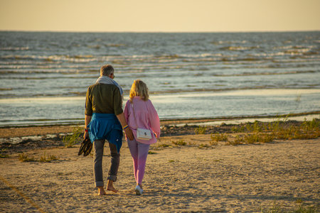 Rear view of a senior couple walking on the beach at sunsetの写真素材