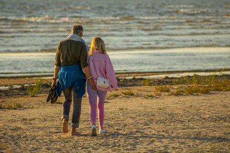 Rear view of a senior couple walking along the beach at sunsetの写真素材