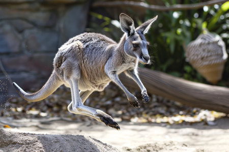 A kangaroo mid jump with its hind paws just above the ground, capturing the dynamic movement in its natural environment. The scene emphasizes the agility and energy of the animal.の素材