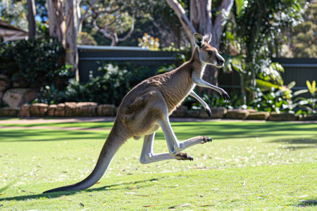 A kangaroo mid jump with its hind paws just above the ground, capturing the dynamic movement in its natural environment. The scene emphasizes the agility and energy of the animal.の素材