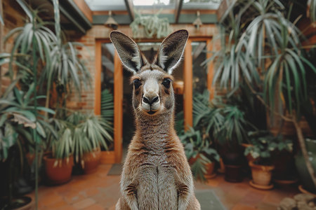 A kangaroo standing in its natural environment, surrounded by greenery and open space. The image captures the essence of wildlife and the beauty of nature.の素材