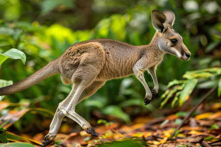 A kangaroo mid jump with its hind paws just above the ground, capturing the dynamic movement in its natural environment. The scene emphasizes the agility and energy of the animal.の素材