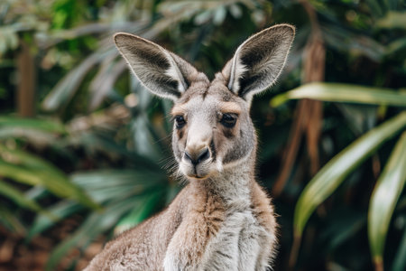 A kangaroo standing in its natural environment, surrounded by greenery and open space. The image captures the essence of wildlife and the beauty of nature.の素材