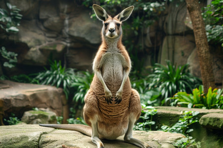 A kangaroo standing in its natural environment, surrounded by greenery and open space. The image captures the essence of wildlife and the beauty of nature.の素材