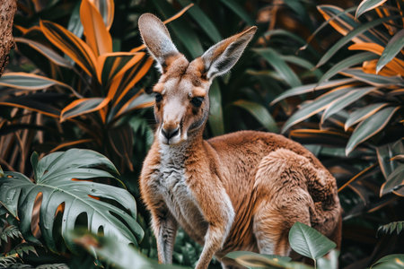 A kangaroo standing in its natural environment, surrounded by greenery and open space. The image captures the essence of wildlife and the beauty of nature.の素材