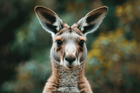 A kangaroo standing in its natural environment, surrounded by greenery and open space. The image captures the essence of wildlife and the beauty of nature.の素材