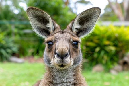 A kangaroo standing in its natural environment, surrounded by greenery and open space. The image captures the essence of wildlife and the beauty of nature.の素材