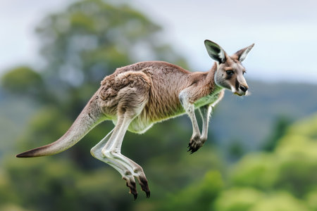 A kangaroo mid jump with its hind paws just above the ground, capturing the dynamic movement in its natural environment. The scene emphasizes the agility and energy of the animal.の素材
