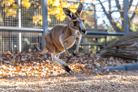 A kangaroo mid jump with its hind paws just above the ground, capturing the dynamic movement in its natural environment. The scene emphasizes the agility and energy of the animal.の素材