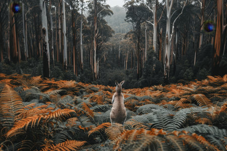A kangaroo standing in its natural environment, surrounded by greenery and open space. The image captures the essence of wildlife and the beauty of nature.の素材