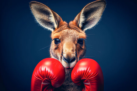 A kangaroo standing upright, wearing red boxing gloves, and ready for action. The scene captures the playful and whimsical nature of the kangaroo. AI generatedの素材