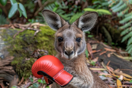 A kangaroo standing upright, wearing red boxing gloves, and ready for action. The scene captures the playful and whimsical nature of the kangaroo. AI generatedの素材