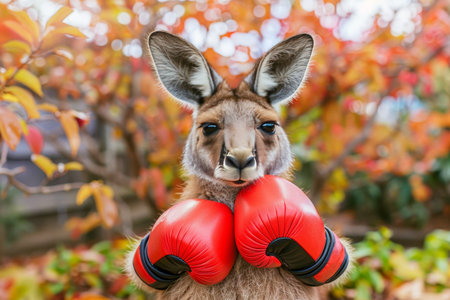 A kangaroo standing upright, wearing red boxing gloves, and ready for action. The scene captures the playful and whimsical nature of the kangaroo. AI generatedの素材