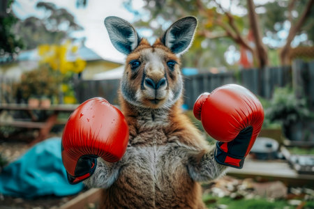 A kangaroo standing upright, wearing red boxing gloves, and ready for action. The scene captures the playful and whimsical nature of the kangaroo. AI generatedの素材