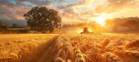 Modern industrial combine harvester harvesting wheat on an agricultural field at sunset. The scene captures the essence of agriculture during the summertime, with golden wheat fields and a dramatic sunsetの素材
