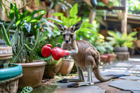 A kangaroo standing upright, wearing red boxing gloves, and ready for action. The scene captures the playful and whimsical nature of the kangaroo. AI generatedの素材