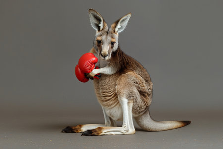 A kangaroo standing upright, wearing red boxing gloves, and ready for action. The scene captures the playful and whimsical nature of the kangaroo. AI generatedの素材