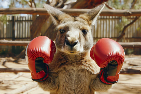 A kangaroo standing upright, wearing red boxing gloves, and ready for action. The scene captures the playful and whimsical nature of the kangaroo. AI generatedの素材