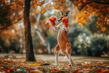 A kangaroo standing upright, wearing red boxing gloves, and ready for action. The scene captures the playful and whimsical nature of the kangaroo. AI generatedの素材